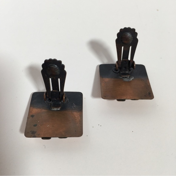 Vintage 60 70 Modernist Matisse Square Copper Wave Clip Earrings MCM - Picture 8 of 11